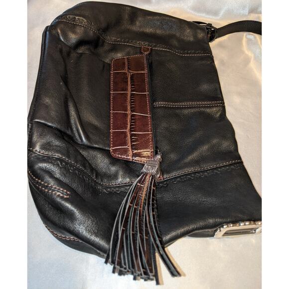 Vintage BRIGHTON Black & Brown Leather Shoulder Bag Handbag + Tassel & Bag Charm - Picture 3 of 13